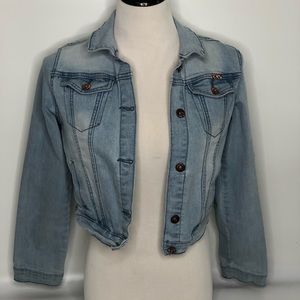 DKNY CROPPED COTTON BLEND LIGHT-WASH BLUE DENIM JEAN JACKET #115